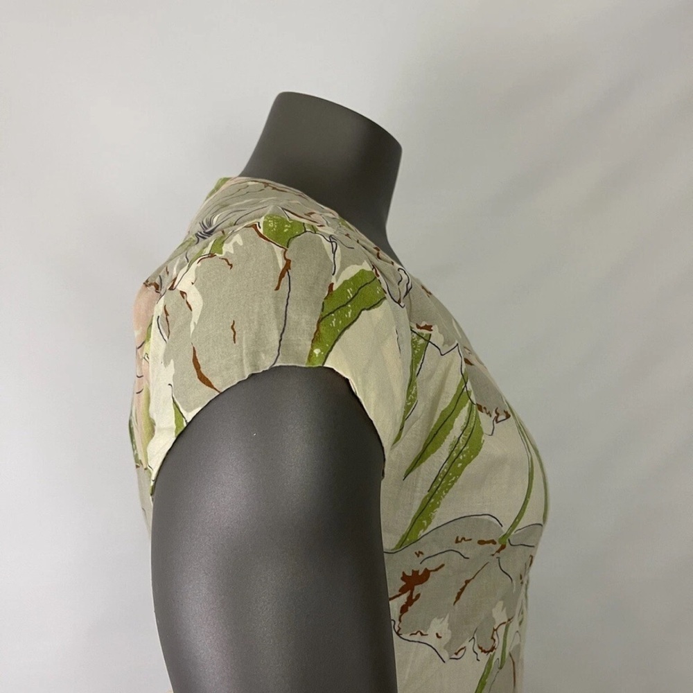 Porridge‎ Dress Womens 2 Floral Button Down Crew Neck Neutral Modest Cap Sleeve - Picture 5 of 13